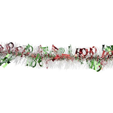 50' x 2.5" White  Red and Green Christmas HO HO HO Wrapped Tinsel Garland - Unlit