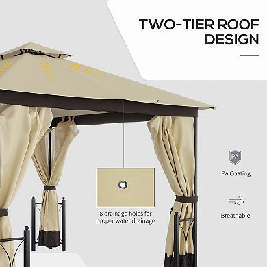 13' X 11' Patio Gazebo, Garden Canopy, Fancy Steel Frame, 2 Tier Roof, Beige