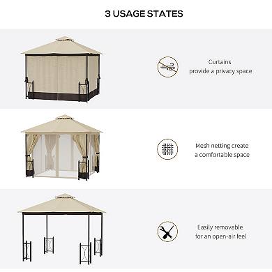 13' X 11' Patio Gazebo, Garden Canopy, Fancy Steel Frame, 2 Tier Roof, Beige