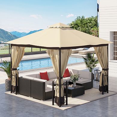 13' X 11' Patio Gazebo, Garden Canopy, Fancy Steel Frame, 2 Tier Roof, Beige