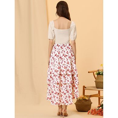 Women's High Low Ruffle Hem Skirt Elastic Waisted Ruched Floral Maxi Tiered Skirt