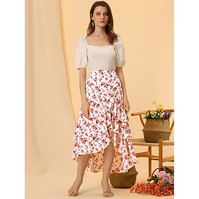 Women's High Low Ruffle Hem Skirt Elastic Waisted Ruched Floral Maxi Tiered Skirt