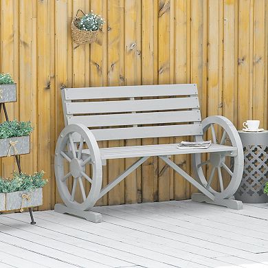 Outsunny Wooden Wagon Wheel Bench Rustic Outdoor Patio Furniture, 2-Person Seat Bench with Backrest Charcoal Grey