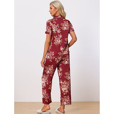 Women's Silk Floral Satin Short Sleeves Top And Pants Pajama Set
