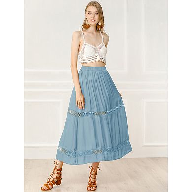 Women's Long Skirts Elastic Waist Lace Insert A-Line Maxi Skirt