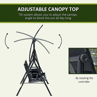 Outsunny 2-Seat Patio Swing Chair, Outdoor Canopy Swing Glider with Pivot Storage Table, Cup Holder, Adjustable Shade, Bungie Seat Suspension and Weather Resistant Steel Frame, Black