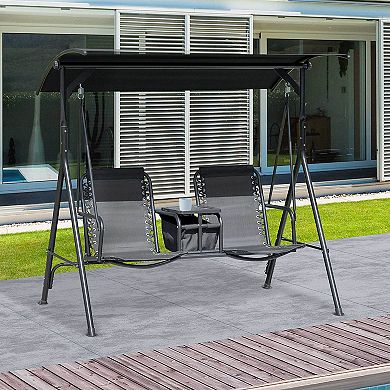 Outsunny 2-Seat Patio Swing Chair, Outdoor Canopy Swing Glider with Pivot Storage Table, Cup Holder, Adjustable Shade, Bungie Seat Suspension and Weather Resistant Steel Frame, Black