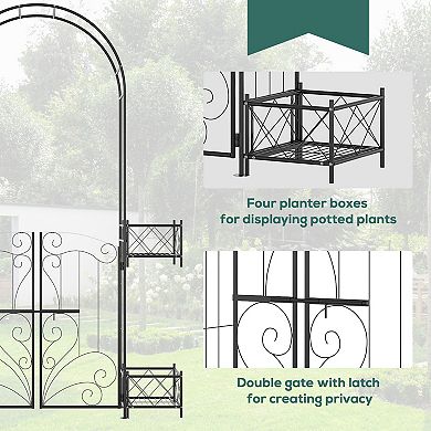 Outsunny Garden Gate Arbor Wedding Arch with Heart Doors Planters, Black