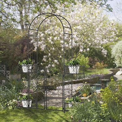 Outsunny Garden Gate Arbor Wedding Arch with Heart Doors Planters, Black