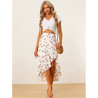 Floral Chiffon Skirt for Women's High Waist Ruffle Hem Tiered Skirt