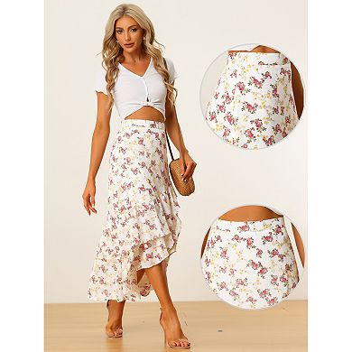 Floral Chiffon Skirt for Women's High Waist Ruffle Hem Tiered Skirt
