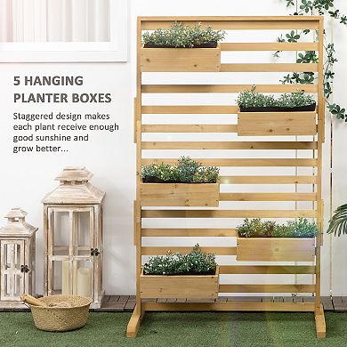 Outsunny Plant Stand with 5 Hanging Planter Boxes Slatted Trellis, Natural