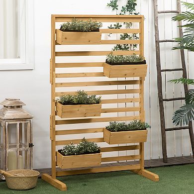 Outsunny Plant Stand with 5 Hanging Planter Boxes Slatted Trellis, Natural