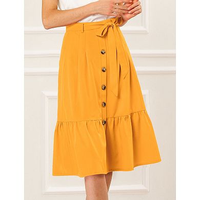 Women's Button Decor Casual High Waist Belted Ruffled Skirt