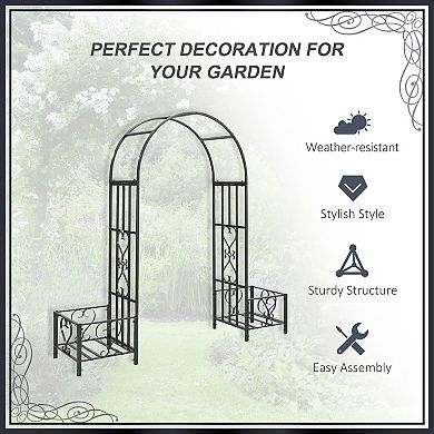Outsunny Metal Garden Arbor with Planter Boxes Various Climbing Plant Wedding Arch Bridal Party Decoration for Outdoor Lawn