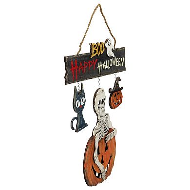 14.5" Skeleton with Jack-O-Lanterns and Black Cat "Happy Halloween" Hanging Decoraton