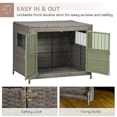 PawHut Rattan Dog Crate with Double Doors, Wicker Dog Cage with Soft Washable Cushion, Dog Kennel Furniture Outdoor Indoor for Medium to Large Sized Dogs, Gray