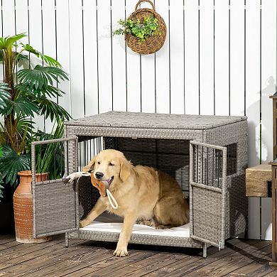 PawHut Rattan Dog Crate with Double Doors, Wicker Dog Cage with Soft Washable Cushion, Dog Kennel Furniture Outdoor Indoor for Medium to Large Sized Dogs, Gray