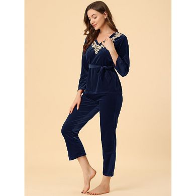 Women's Pajama Sets V Neck With Belt Tie Long Sleeve Sleepwear Soft Female Night Suit Lounge Sets