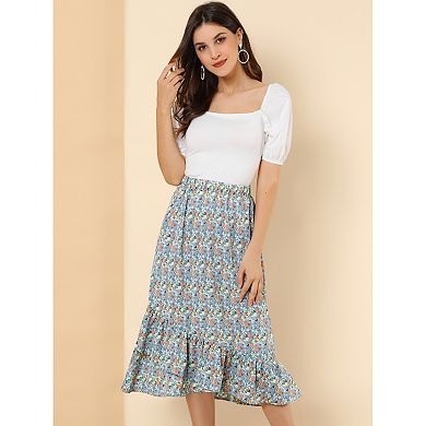 Women's Floral Elastic Waist Ruffle High Low Hem Skirts