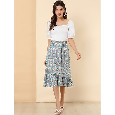 Women's Floral Elastic Waist Ruffle High Low Hem Skirts