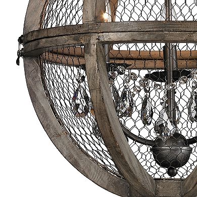 21" Aged Wood and Bronze Wired Mesh 3-Light Round Chandelier