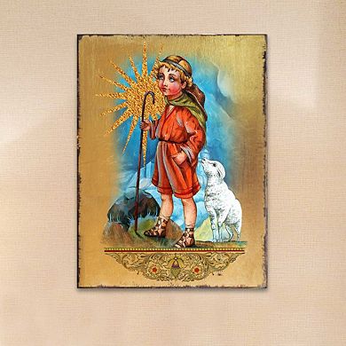 G.Debrekht Shepherd Wooden Gold Plated Religious Christian Sacred Icon Inspirational Icon Décor