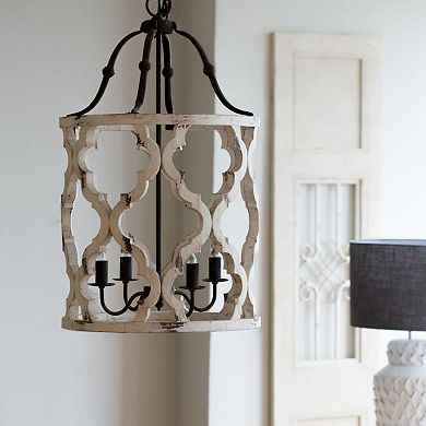 33.5" White and Brown Vintage Style Distressed Finish Four-Light Chandelier