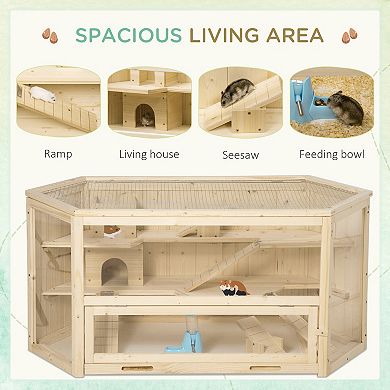 PawHut Wooden Large Hamster Cage Small Animal Exercise Play House 3 Tier with Slide Activity Center