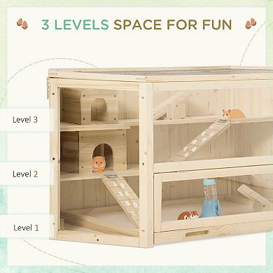 PawHut Wooden Large Hamster Cage Small Animal Exercise Play House 3 Tier with Slide Activity Center