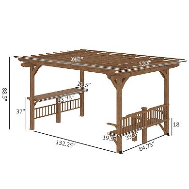 Outsunny 14' x 10' Outdoor Pergola, Wooden Grill Gazebo with Bar Counters and Seating Benches, Deck