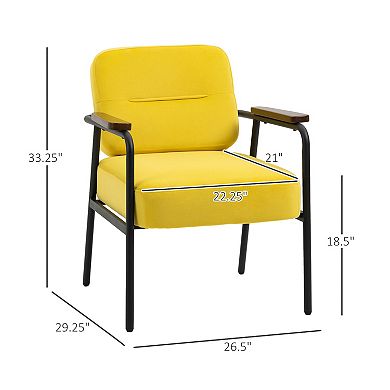 HOMCOM Modern Accent Chairs with Cushioned Seat and Back, Upholstered Velvet Armchair for Bedroom, Living Room Chair with Arms and Steel Legs, Yellow