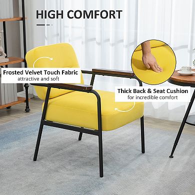HOMCOM Modern Accent Chairs with Cushioned Seat and Back, Upholstered Velvet Armchair for Bedroom, Living Room Chair with Arms and Steel Legs, Yellow