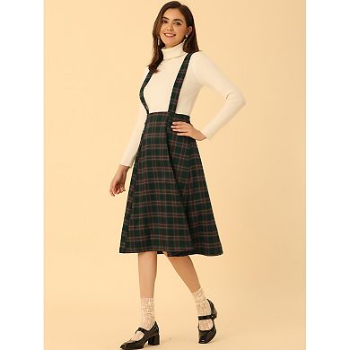 Women's  Plaid Tartan A-Line Overall Suspender Midi Skirt