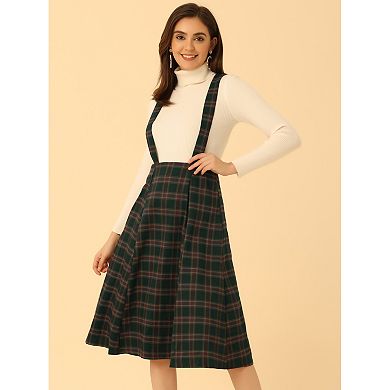 Women's  Plaid Tartan A-Line Overall Suspender Midi Skirt