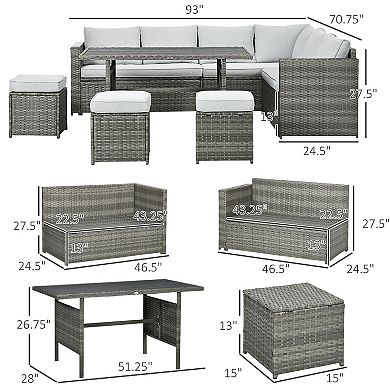 Outsunny 7 Piece Patio Furniture Set, Outdoor L-Shaped Sectional Sofa with 3 Loveseats, 3 Ottoman Chairs, Outside Conversation Set with Dining Table, Cushions, Storage, Mixed Gray