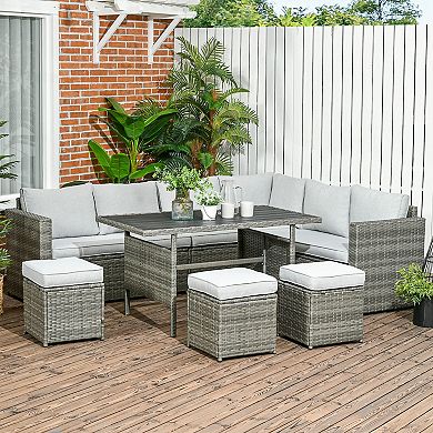 Outsunny 7 Piece Patio Furniture Set, Outdoor L-Shaped Sectional Sofa with 3 Loveseats, 3 Ottoman Chairs, Outside Conversation Set with Dining Table, Cushions, Storage, Mixed Gray