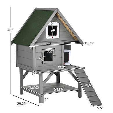 PawHut Large 3-Story Outdoor Cat House Weatherproof Roof, Wooden Outdoor Cat Shelter with Fun Design, Stuff for Cat Gifts, Catio Outdoor Cat Enclosure Cat Condo, Gray