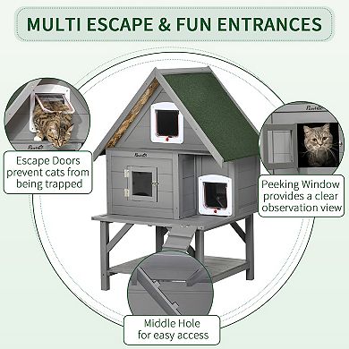 PawHut Large 3-Story Outdoor Cat House Weatherproof Roof, Wooden Outdoor Cat Shelter with Fun Design, Stuff for Cat Gifts, Catio Outdoor Cat Enclosure Cat Condo, Gray