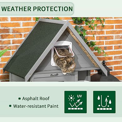 PawHut Large 3-Story Outdoor Cat House Weatherproof Roof, Wooden Outdoor Cat Shelter with Fun Design, Stuff for Cat Gifts, Catio Outdoor Cat Enclosure Cat Condo, Gray