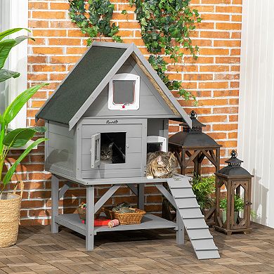 PawHut Large 3-Story Outdoor Cat House Weatherproof Roof, Wooden Outdoor Cat Shelter with Fun Design, Stuff for Cat Gifts, Catio Outdoor Cat Enclosure Cat Condo, Gray