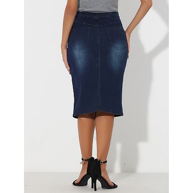 Women's Bodycon Midi Skirt High Elastic Waist Split Front Denim Pencil Skirt