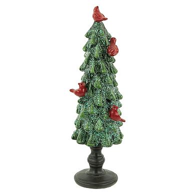 8.75" Green Glittered Christmas Tree With Red Cardinals Decoration