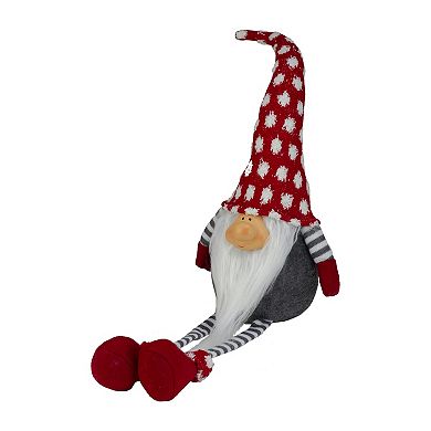 24" Gray and Red Hanging Leg with Polka-Dot Snow Cap Smiling Gnome