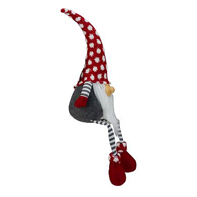 24" Gray and Red Hanging Leg with Polka-Dot Snow Cap Smiling Gnome