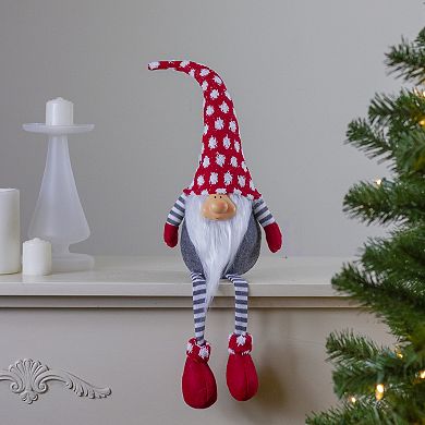 24" Gray and Red Hanging Leg with Polka-Dot Snow Cap Smiling Gnome