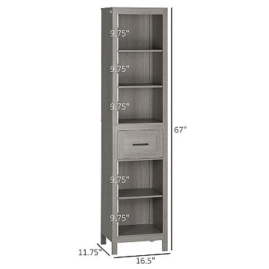 kleankin Narrow Bathroom Storage Cabinet with Drawer and 5 Tier Shelf, Tall Cupboard Freestanding Linen Towel, Slim Corner Organizer, Grey