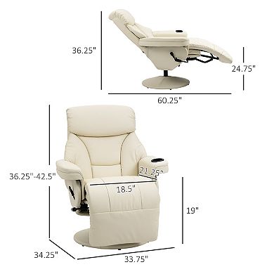 Pu Leather Manual Recliner Armchair W/ Cup Holder Pocket For Living Room Cream