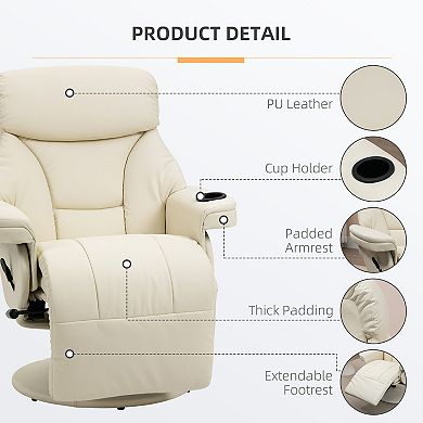 Pu Leather Manual Recliner Armchair W/ Cup Holder Pocket For Living Room Cream