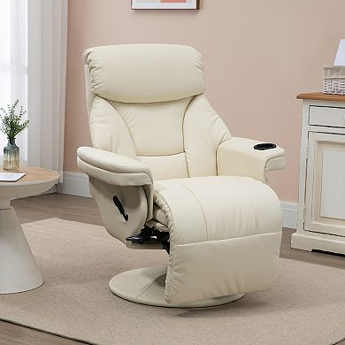 Pu Leather Manual Recliner Armchair W/ Cup Holder Pocket For Living Room Cream